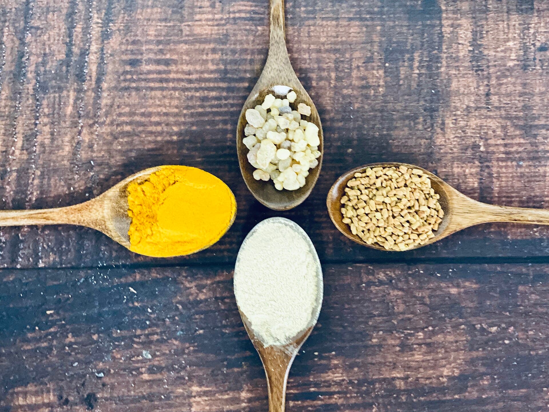 Turmeric, fenugreek, ashwagandha and boswellia on wooden spoons — classic Ayurvedic herbs